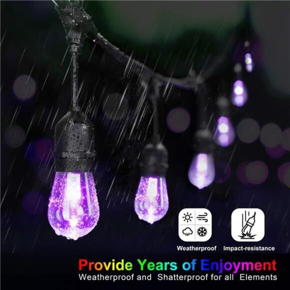 48FT Outdoor Patio Lights Waterproof Dimmable with Remote, RGB Cafe LED Lights - Picture 3 of 7